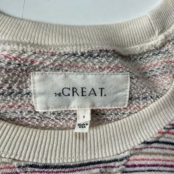 THE GREAT. Striped Crew Neck Sweater - Pink and Cream - Picture 11 of 11